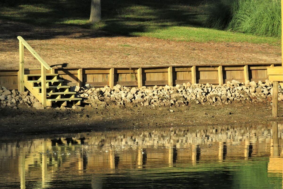Wooden steps leading to a calm lake.