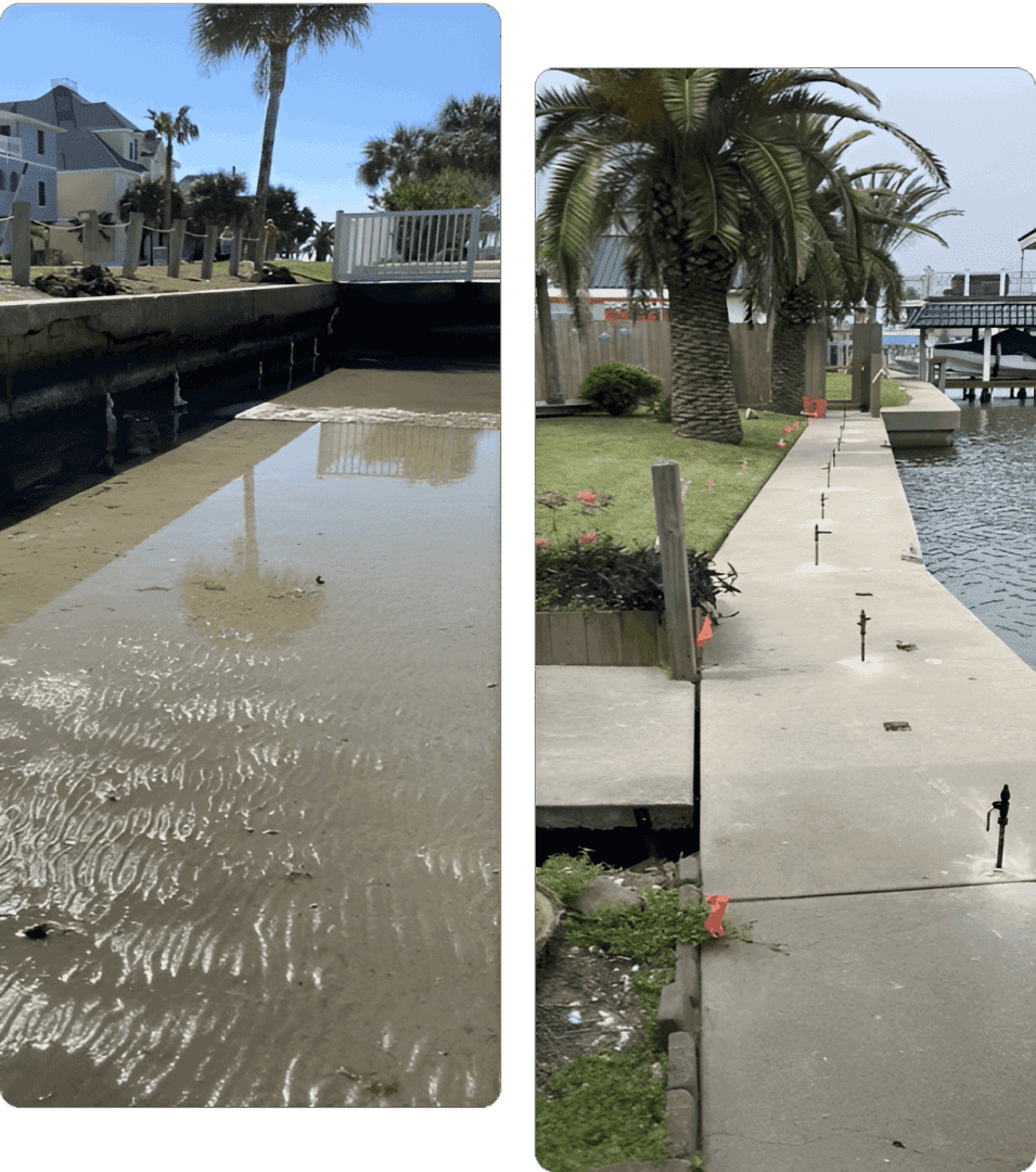 Canal views before and after cleaning, showing stark contrast.