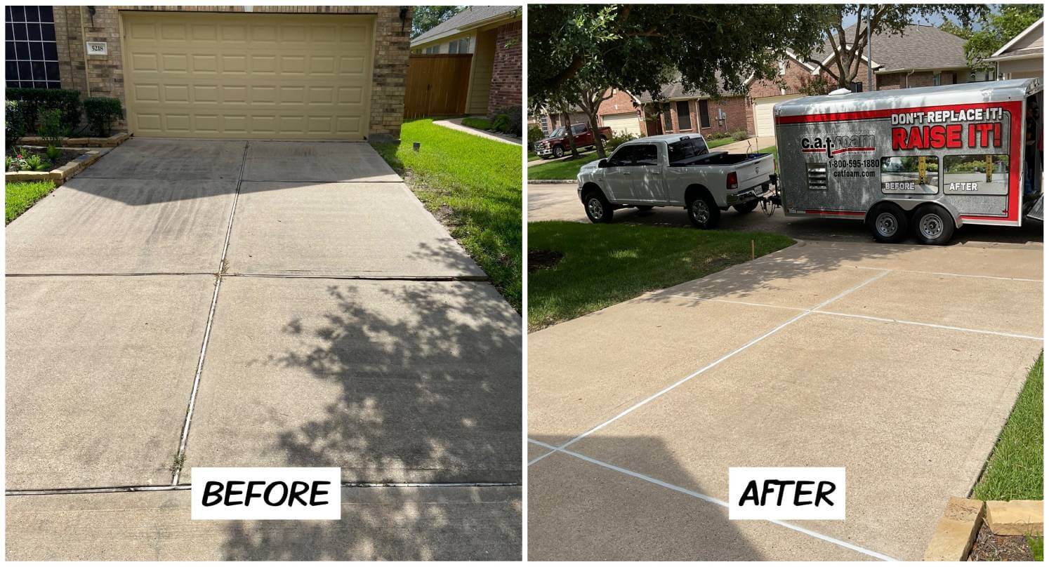 Before and after images showing a driveway transformation with added sidewalk and landscaping.