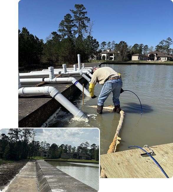 Man working on a dock construction over a pond in a residential area.