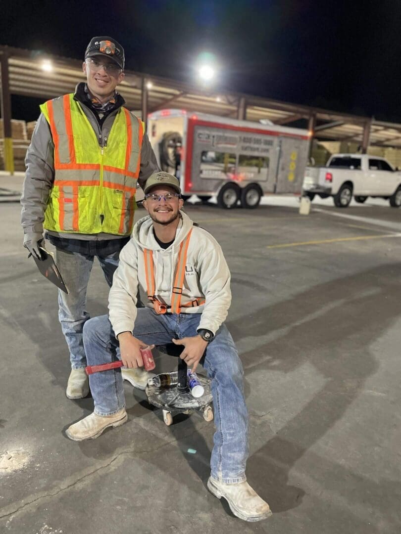 Two construction workers posing at night on a paved road.